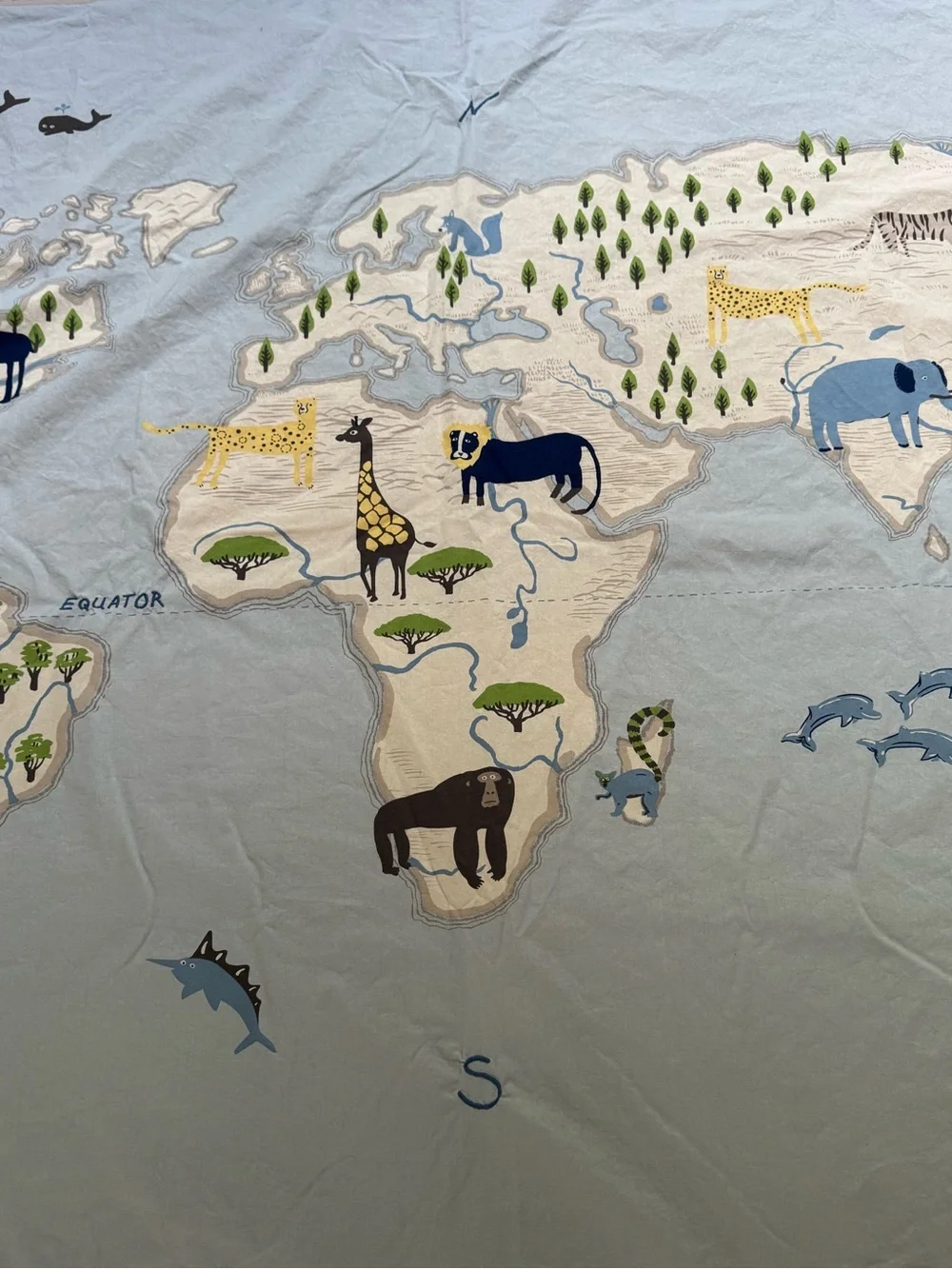 Pottery Barn Kids World Map Animals Shower Curtain 72x72 Cotton Blue
